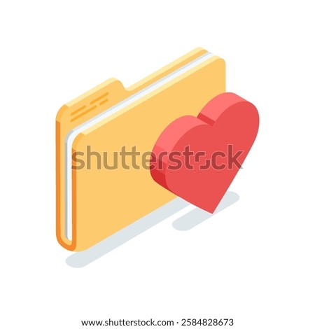 isometric vector icon folder and heart, in color on white background, favorite or bookmarked