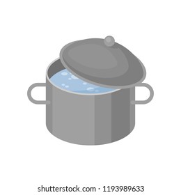 Isometric vector icon of gray metal pan with boiling water. Iron cooking pot with lid. Kitchenware theme