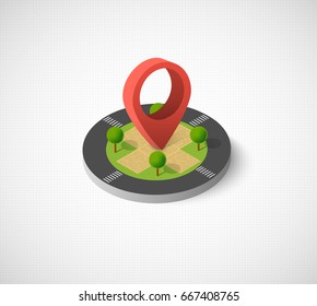 Isometric vector icon illustration of a modern city dimensional views of a town with direction indicator