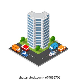 Isometric vector icon illustration of a modern city dimensional views of a skyscrapers
