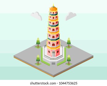 Isometric vector icon or info graphic element representing Thien Mu Pagoda, the landmark of Vietnam