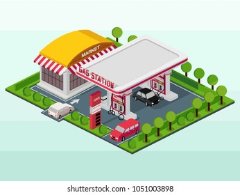 Isometric Vector Icon Or Info Graphic Element Representing A Gas Station And Super Market