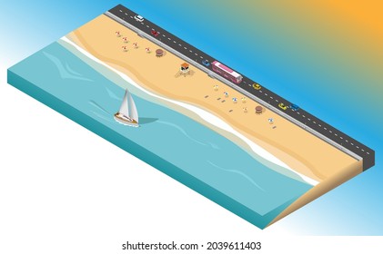 Isometric vector icon or infographic element representing a low poly old town street with sea coast and yacht passing by