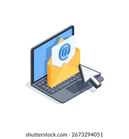 Isometric vector icon of laptop and open envelope with arrow pointer, in color on white background, receiving or sending email