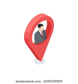 isometric vector icon of location and business man, in color on white background, search for person on internet or location on map