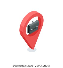 Isometric vector icon of location and business briefcase, in color on white background, work location or map navigation sign