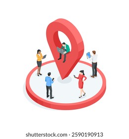 isometric vector icon of location on round platform and business people with tablets and smartphones, in color on white background, meeting or place for teamwork
