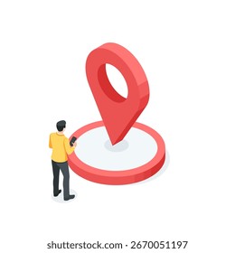 isometric vector icon of location on round platform and business man with smartphon, in color on white background, isometric vector concept business people around big magnifying glass and man with 