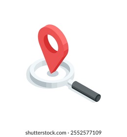 Isometric vector icon of magnifying glass and location, in color on white background, search for place on map or geolocation