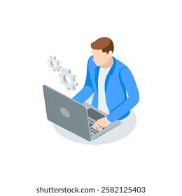 isometric vector icon of man with laptop, in color on white background, IT specialist or moderator