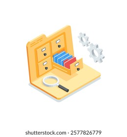 Isometric vector icon of open folder with archive and magnifying glass, in color on white background, working with data or storing documentation