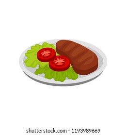 Isometric Vector Icon Of Plate With Lettuce Leaves, Tomato Slices And Grilled Meat Steak. Tasty Food For Dinner