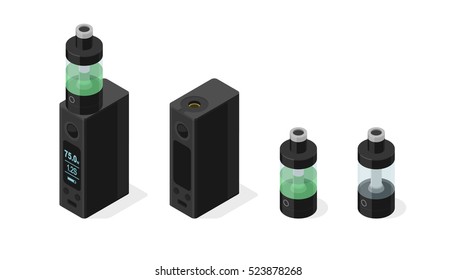 Isometric vector icon set of electronic cigarette and vaping e-liquid into atomizer tank. Modern box mod personal vaporizer variable voltage device  3d illustration isolated on white background