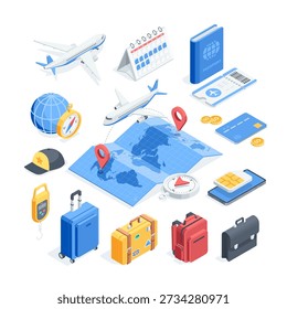 Isometric vector icon set on the topic of flights and vacations, in color on a white background, featuring an airplane over a map and passport with ticket, as well as luggage and phone with SIM card