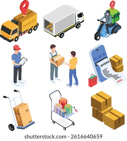An isometric vector icon set showcasing parcel delivery, shipping, and logistics processes. Includes delivery trucks, couriers, invoices, shopping carts, and packaging.