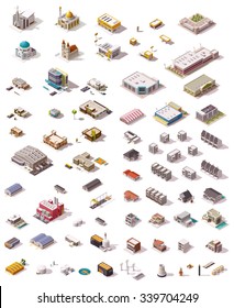 Isometric vector icon set which includes buildings, offices, homes, shops, stores, supermarkets, hospital, factory, warehouse, power plant, oil refinery and other industrial structures