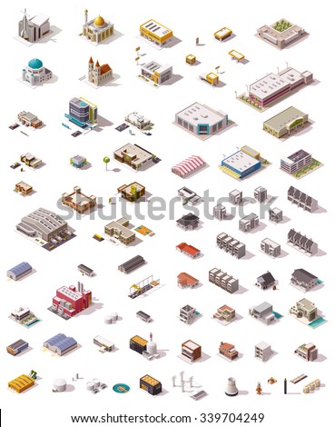 Isometric vector icon set which includes buildings, offices, homes, shops, stores, supermarkets, hospital, factory, warehouse, power plant, oil refinery and other industrial structures