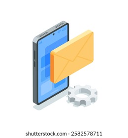 isometric vector icon smartphone and envelope, in color on white background, new incoming message or email