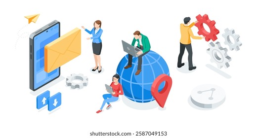 isometric vector icon smartphone and envelope and people with phones and laptops near the globe and gears, in color on white background, receiving and sending messages or email