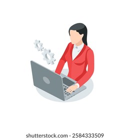 isometric vector icon of woman with laptop, in color on white background, IT specialist or moderator