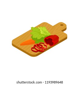 Isometric vector icon of wooden cutting board with vegetables. Fresh ingredients for vegetarian salad