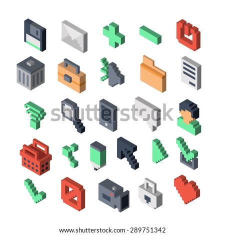 Isometric vector icons. 3D pixel style. 