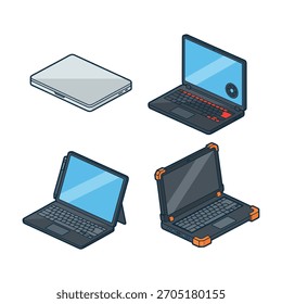 Isometric vector icons of laptops open and closed for business and technology.