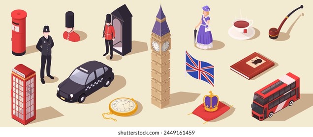 Isometrische Vektorsymbole, die britische Kultur und Wahrzeichen auf hellem Hintergrund darstellen. Großbritannien Reise- und Kulturkonzept. Vektorillustration