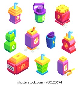 Isometric Vector Icons Set of Sport Drink Bottles and Nutrition Boxes
