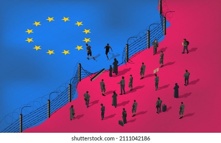 Isometric vector. Illegal crossing of the European border by refugees and migrants. The barbed wire fence is destroyed. Flag of the European Union. Rally of people for rights and freedom. hybrid war