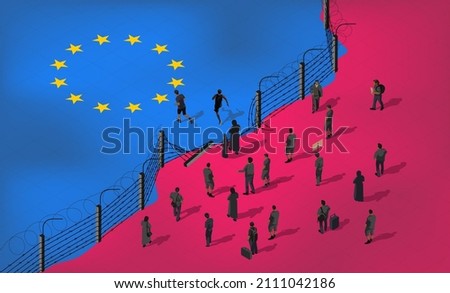 Isometric vector. Illegal crossing of the European border by refugees and migrants. The barbed wire fence is destroyed. Flag of the European Union. Rally of people for rights and freedom. hybrid war
