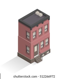 Isometric vector illustration of 2 floor living house from red bricks. New York block. Brooklyn apartment.