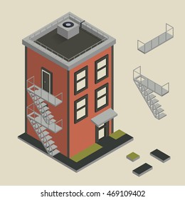 Isometric vector illustration of 3 floor living house from red bricks. Set of road elements adjacent to the house. Block. Fire escape. Stairs. Sidewalk.