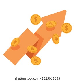 Isometric vector illustration of a 3d financial success icon with an upward trend arrow, coins, and graph symbolizing profit, growth, and increase in investment earnings