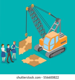 Isometric vector illustration 3D teamwork to build the project. Concept idea truck crane work together to achieve a common result.