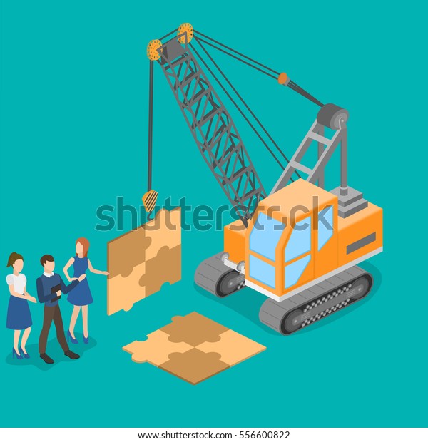 Isometric vector illustration 3D teamwork to\
build the project. Concept idea truck crane work together to\
achieve a common\
result.
