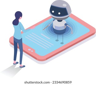 isometric vector illustration of adviser robot with people