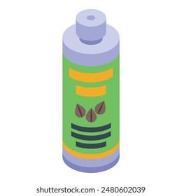 Ilustración vectorial isométrica de lata de aerosol con dispensador de aerosol, diseño de embalaje y etiqueta ecológica sobre fondo blanco