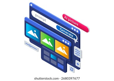 Isometric vector illustration of AI assistant generating design template for app and website. Artificial intelligence in creative work and user interface development.
