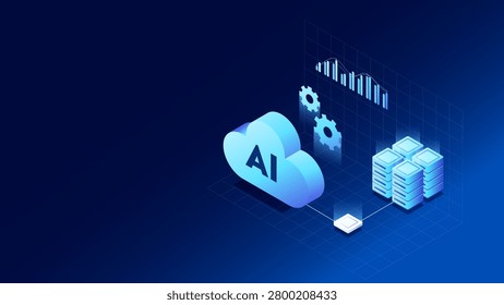 Isometric vector illustration of an AI cloud with gears connected to datacenter servers and data analytics charts. Futuristic big data cloud computing network background with copy space.