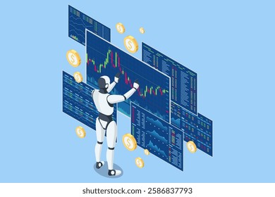 An isometric vector illustration of an AI trading robot analyzing stock market charts, surrounded by floating currency symbols. AI trading, algorithmic trading