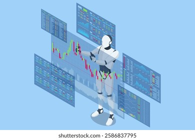 An isometric vector illustration of an AI trading robot analyzing stock market charts, surrounded by floating currency symbols. AI trading, algorithmic trading