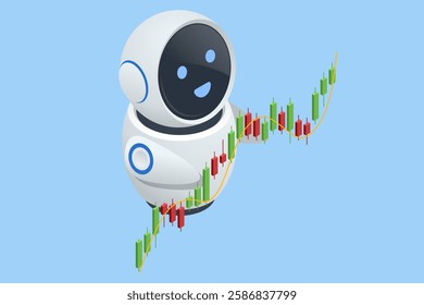 An isometric vector illustration of an AI trading robot analyzing stock market charts, surrounded by floating currency symbols. AI trading, algorithmic trading