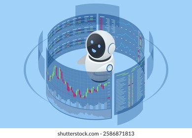 An isometric vector illustration of an AI trading robot analyzing stock market charts, surrounded by floating currency symbols. AI trading, algorithmic trading