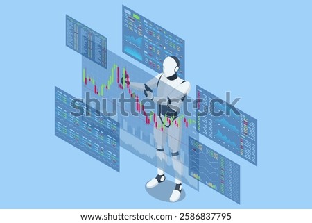 An isometric vector illustration of an AI trading robot analyzing stock market charts, surrounded by floating currency symbols. AI trading, algorithmic trading