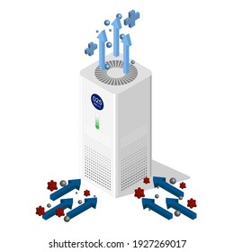 Isometric vector illustration of air purifier or filter device, pollution and virus got filtered by purification process, reduce PM 2.5 in the atmosphere