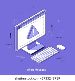 Isometric Vector illustration with Alert message sign on desktop monitor isometric vector. Computer error or internet security warning. Data protection and cyber safety concept.