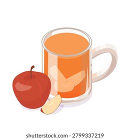 Isometric vector illustration of apple juice in glass mug with fresh apple and slice. Healthy fruit beverage concept for nutrition diet cafe and packaging design use.
