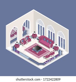 Dibujo vectorial isométrico de un salón de estilo árabe en azul y violeta
