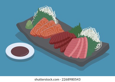 Isometric vector illustration of assorted sashimi